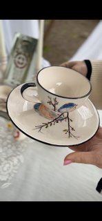 فنجان و پیش دستی بزرگ سرامیکی طراحی گنجشک ابی